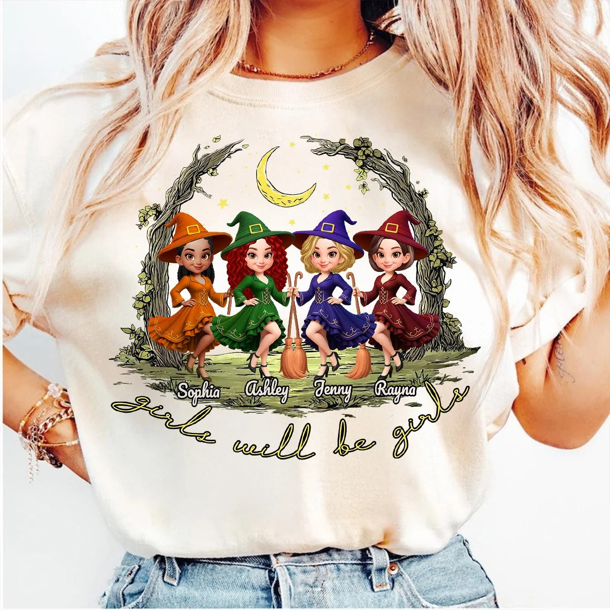 Halloween Witch Besties Sisters Friends Under Moon Personalized Sweatshirt, Halloween Matching Shirt