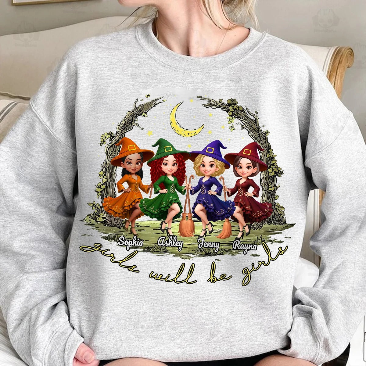 Halloween Witch Besties Sisters Friends Under Moon Personalized Sweatshirt, Halloween Matching Shirt