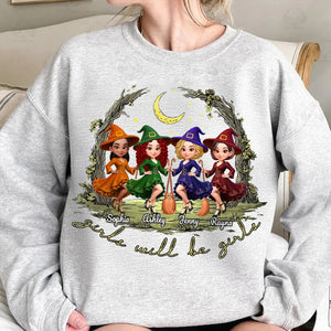 Halloween Witch Besties Sisters Friends Under Moon Personalized Sweatshirt, Halloween Matching Shirt