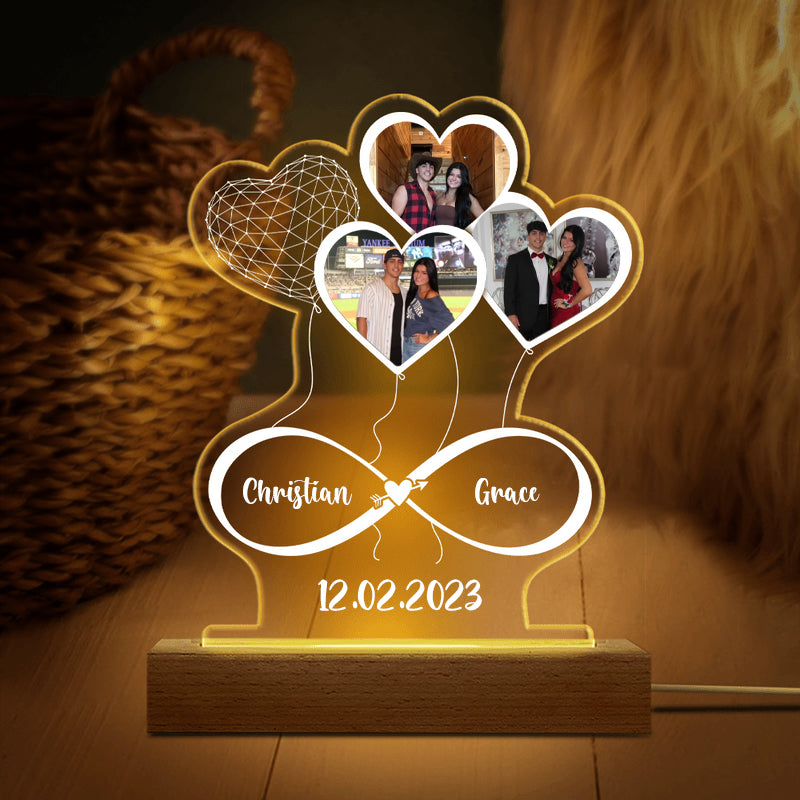 Custom Photo Infinity Hearts Balloons Couple 3D Acrylic Plaque LED Night Light Personalized Gift For Couple Anniversary Gift Night Light With Wooden base