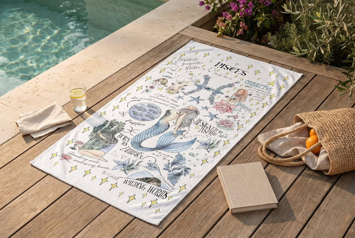 Zodiac Beach Towel Gemini Art Whimsical Summer Cloth Pisces Personalized Birthday Gift Women Astrology Present Daughter