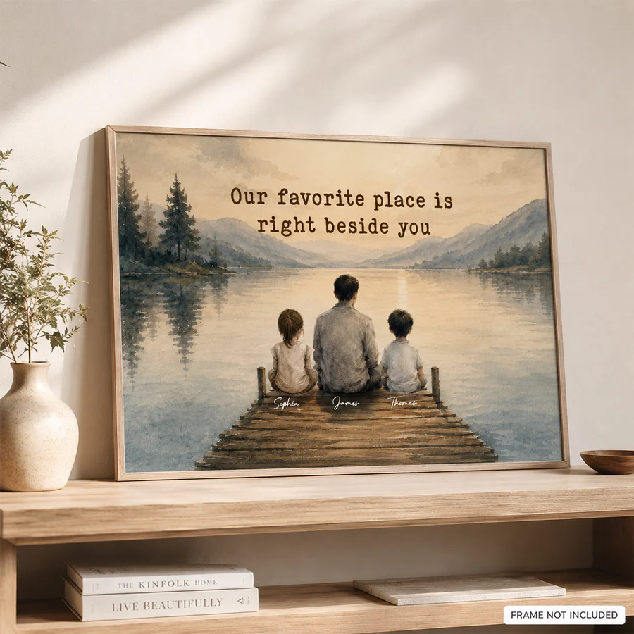 Peaceful Lakeside Dad And Kids Watercolor Style - Personalized Poster k_4833e445-1098-4285-a8a2-a65649e11ee1.png