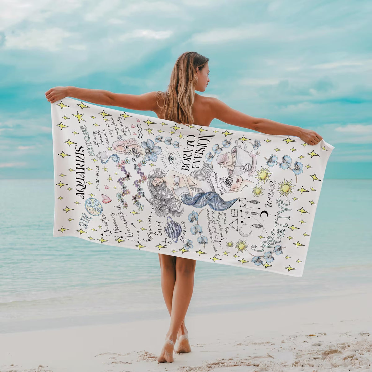 Zodiac Beach Towel Hand Illustrated Gemini Art Whimsical Summer Cloth Pisces Personalized Birthday Gift Women Astrology Present Daughter l.jpg