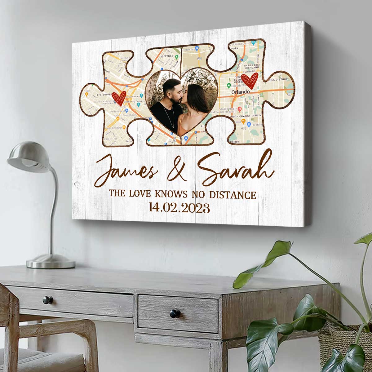 Long Distance Map Gift, Personalized Couple Puzzle Map Canvas Print, Long Distance Relationship Valentines Gift