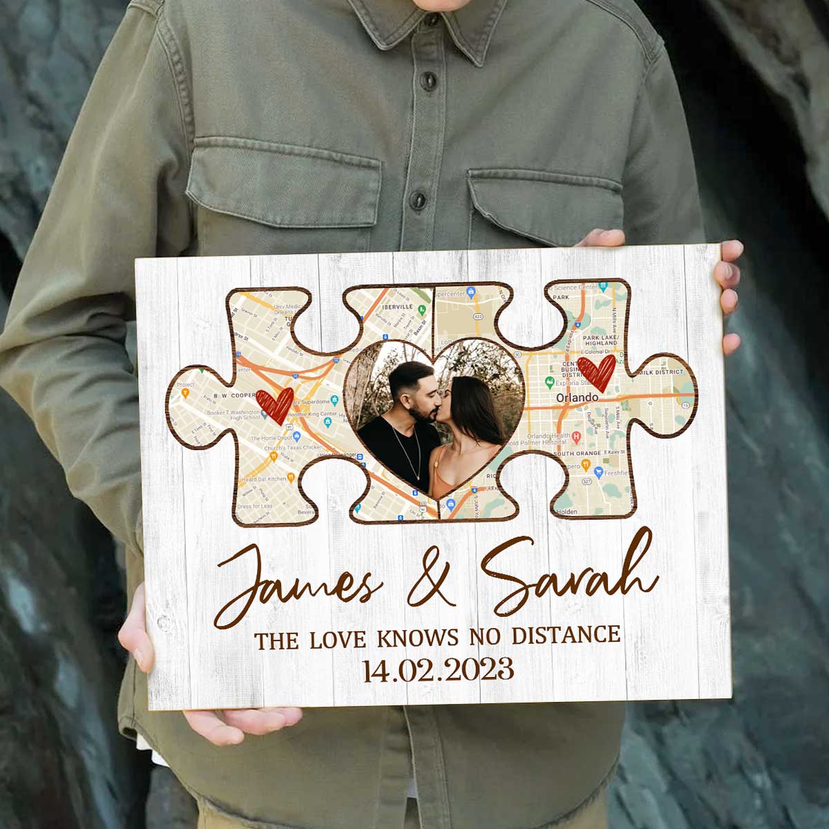 Long Distance Map Gift, Personalized Couple Puzzle Map Canvas Print, Long Distance Relationship Valentines Gift