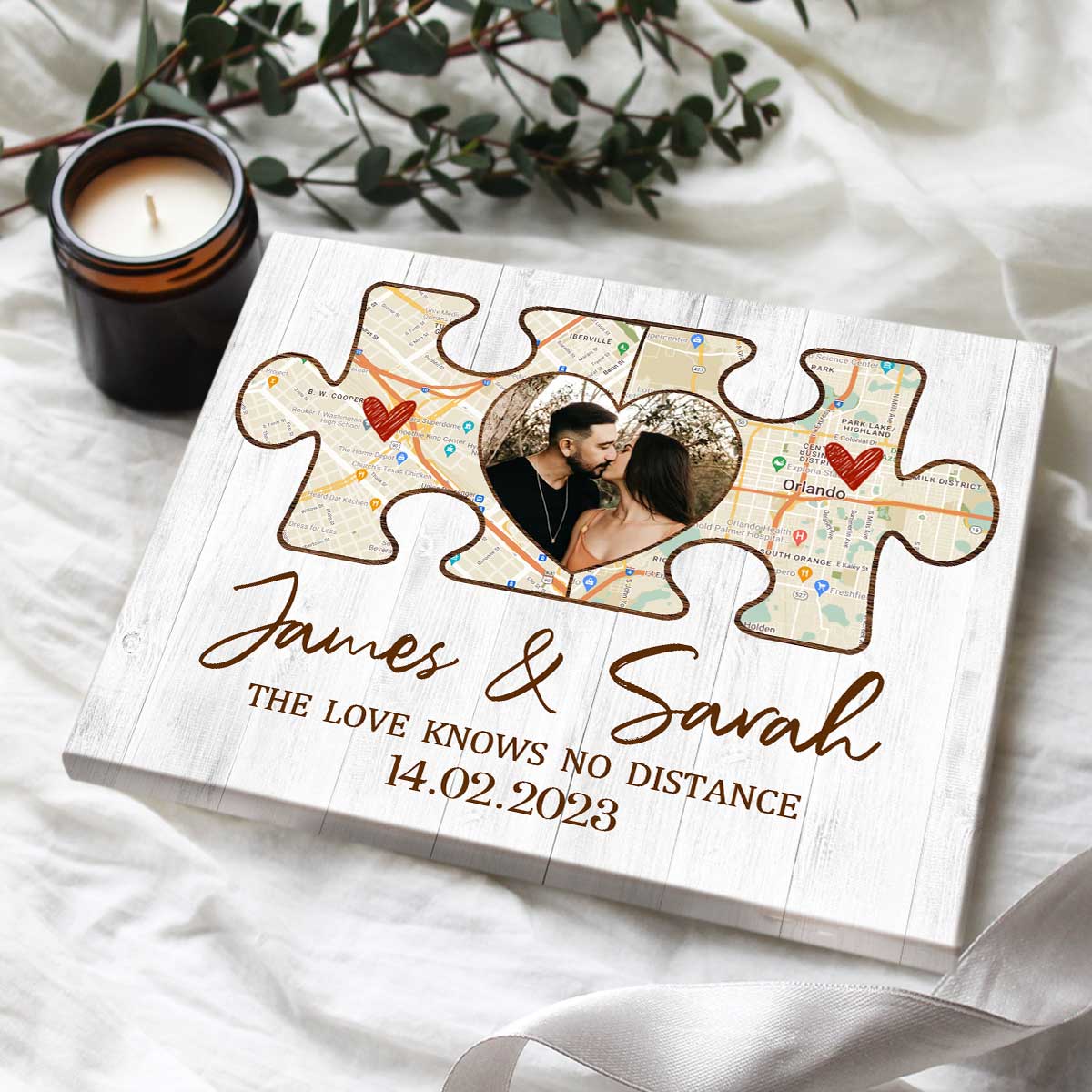 Long Distance Map Gift, Personalized Couple Puzzle Map Canvas Print, Long Distance Relationship Valentines Gift