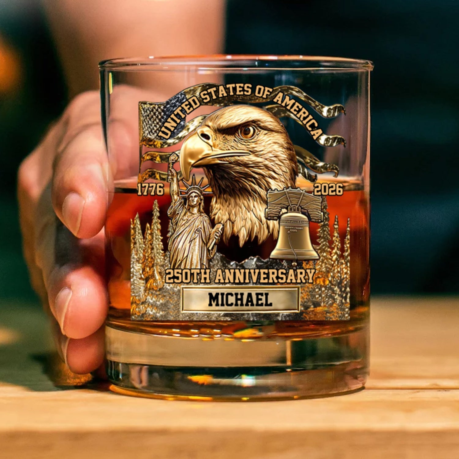 Custom Name 250 Years Anniversary 1776 2026 Whiskey Glass | Patriotic 4th of July Whiskey Glass