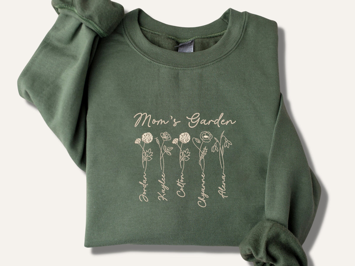 Personalized Birth Flower Mom Sweatshirt or Hoodie - Embroidered Shirt For Mom, Grandma, Mother's Day Gift