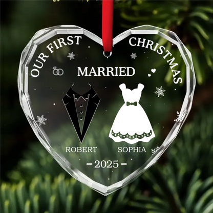 Our First Christmas Married - Personalized Crystal Ornament - Gift For Couple, Anniversary Gift, Christmas Gift
