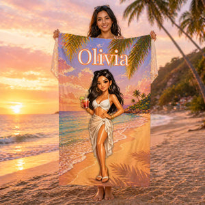 Personalized Beach Towel Women Custom Name, Hot Girl Summer Gift, Bachelorette Girls Trip Towel.