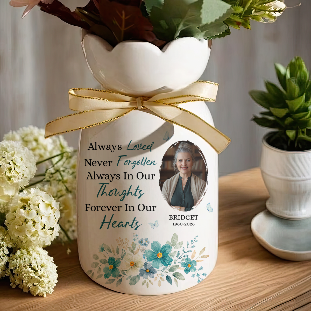 Always In Our Thoughts Forever In Our Hearts - Personalized Custom Ribbon Tie Flower Vase