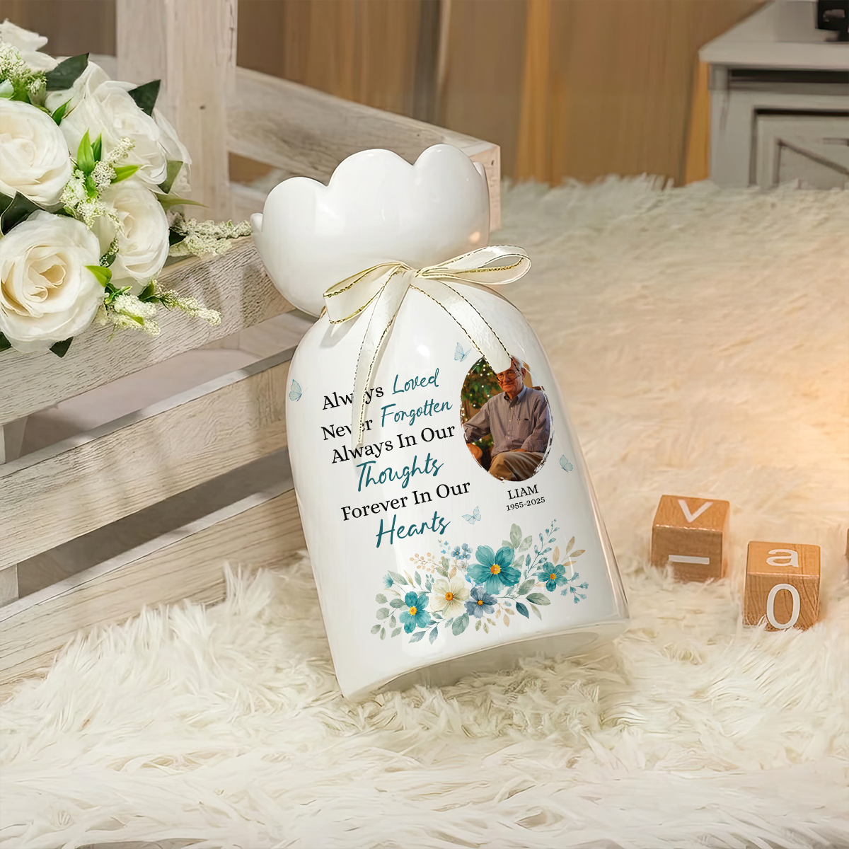 Always In Our Thoughts Forever In Our Hearts - Personalized Custom Ribbon Tie Flower Vase