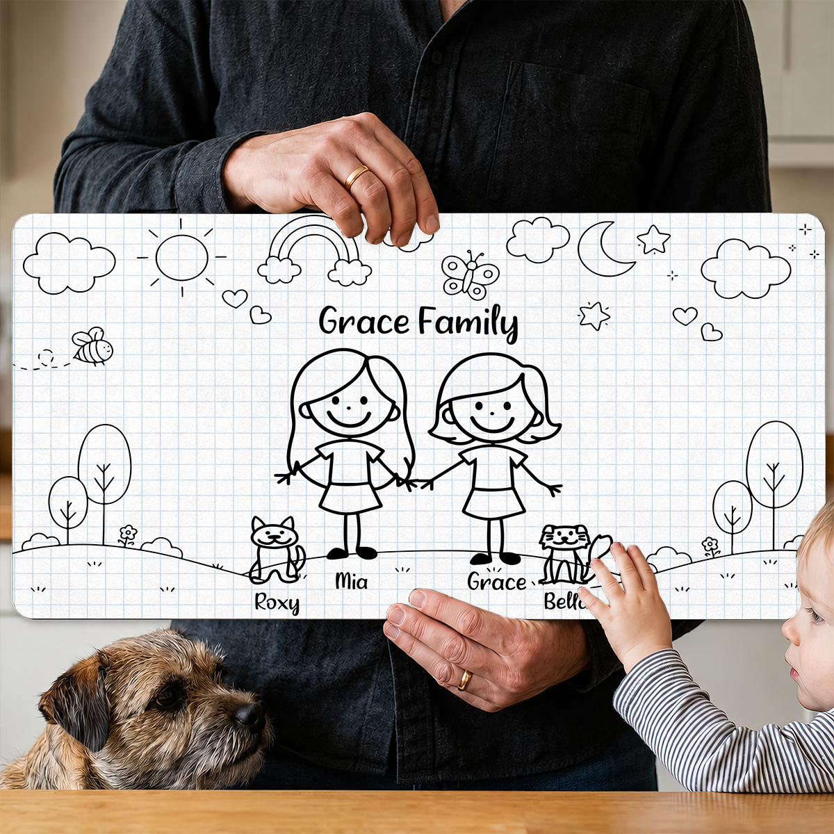 Doodle Stick Figure Couple With Dog Cat - Personalized Desk Mat