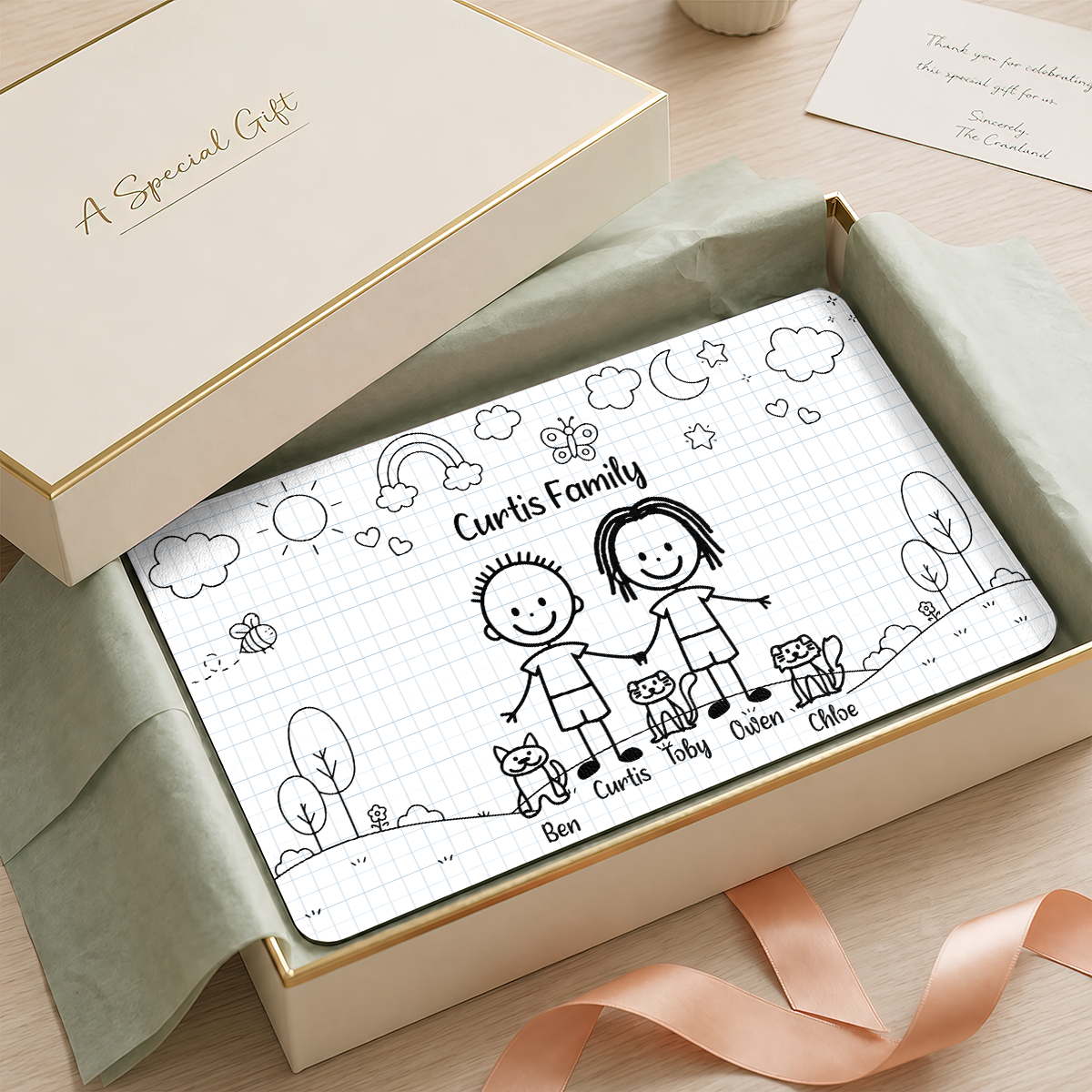 Doodle Stick Figure Couple With Dog Cat - Personalized Desk Mat