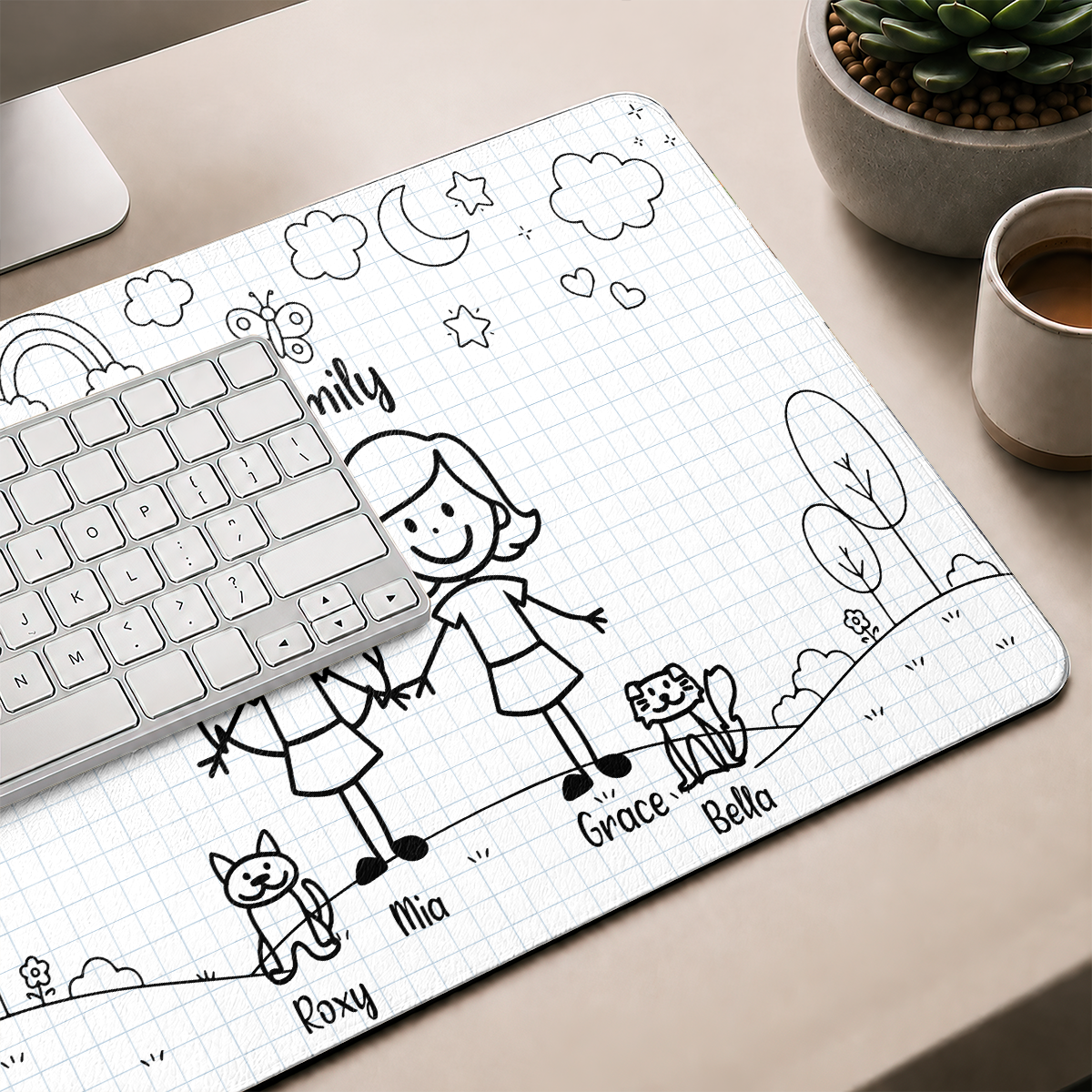 Doodle Stick Figure Couple With Dog Cat - Personalized Desk Mat