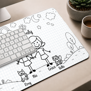 Doodle Stick Figure Couple With Dog Cat - Personalized Desk Mat