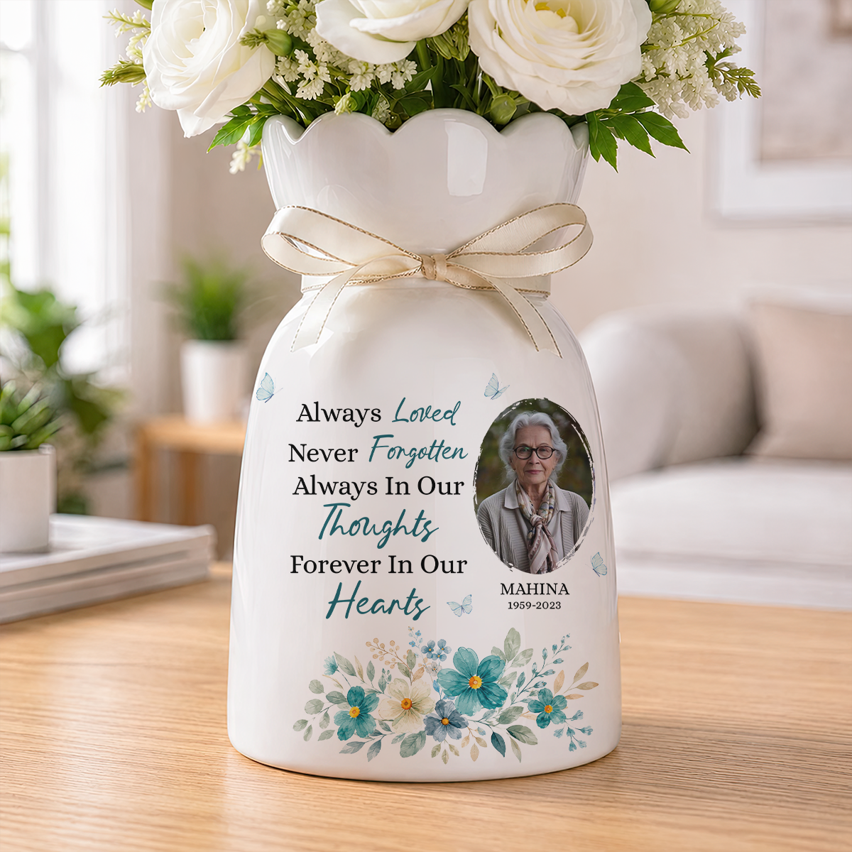 Always In Our Thoughts Forever In Our Hearts - Personalized Custom Ribbon Tie Flower Vase