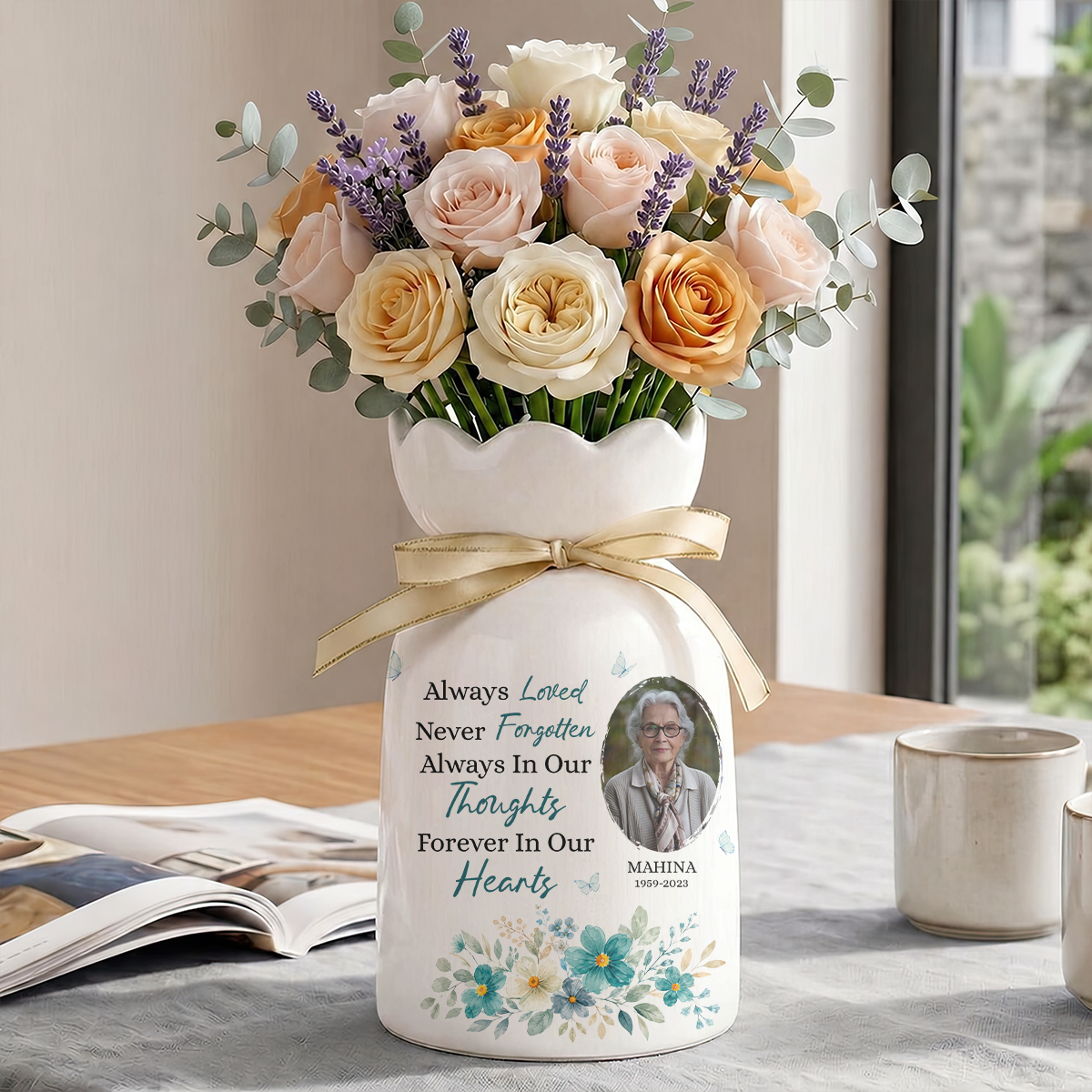 Always In Our Thoughts Forever In Our Hearts - Personalized Custom Ribbon Tie Flower Vase