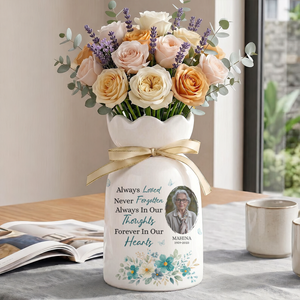 Always In Our Thoughts Forever In Our Hearts - Personalized Custom Ribbon Tie Flower Vase