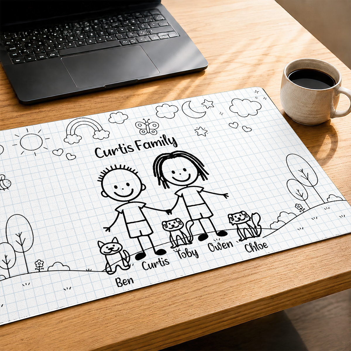 Doodle Stick Figure Couple With Dog Cat - Personalized Desk Mat