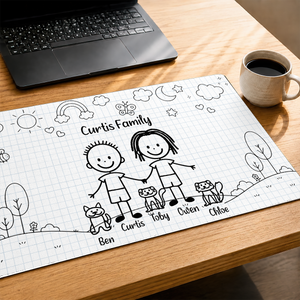 Doodle Stick Figure Couple With Dog Cat - Personalized Desk Mat