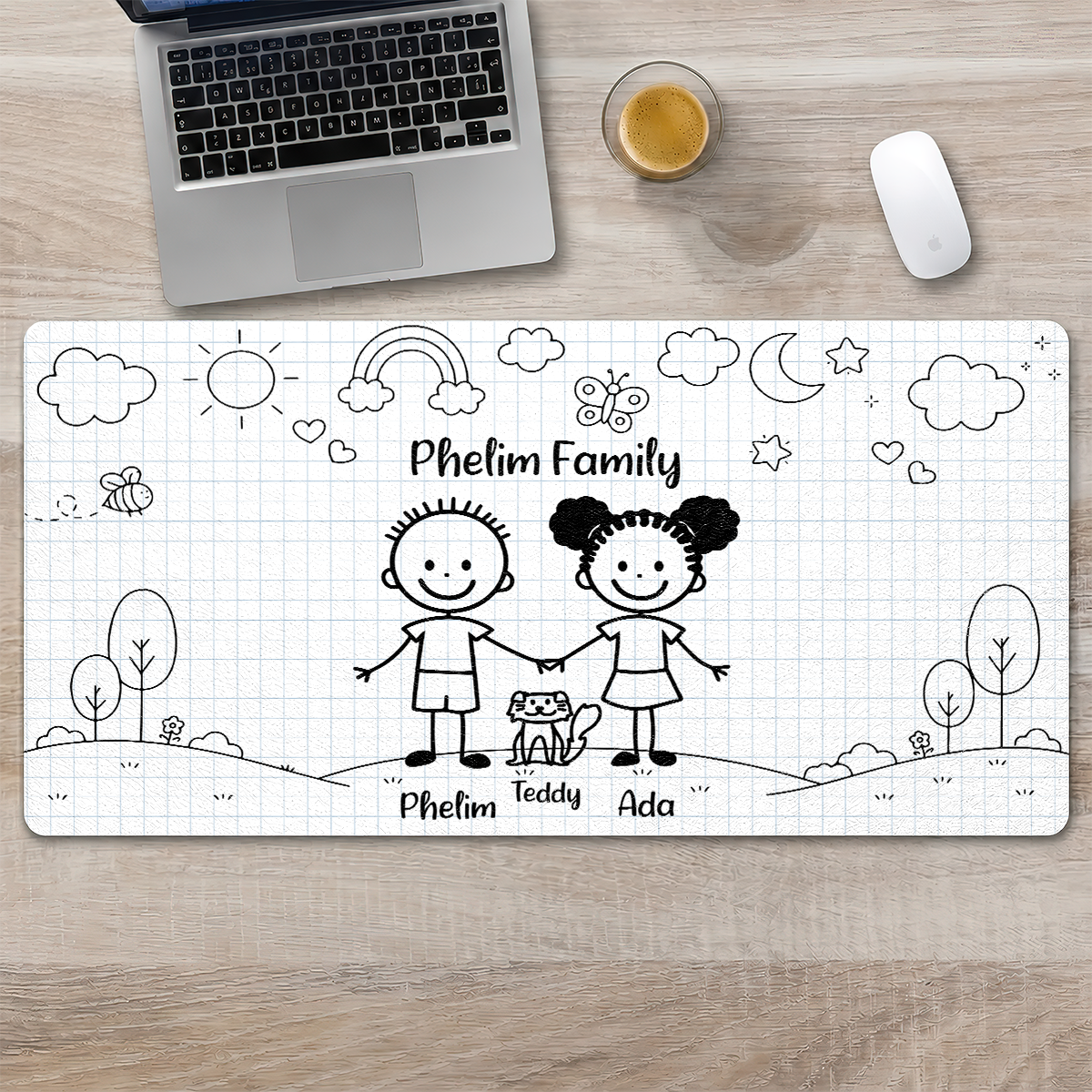 Doodle Stick Figure Couple With Dog Cat - Personalized Desk Mat