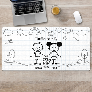 Doodle Stick Figure Couple With Dog Cat - Personalized Desk Mat