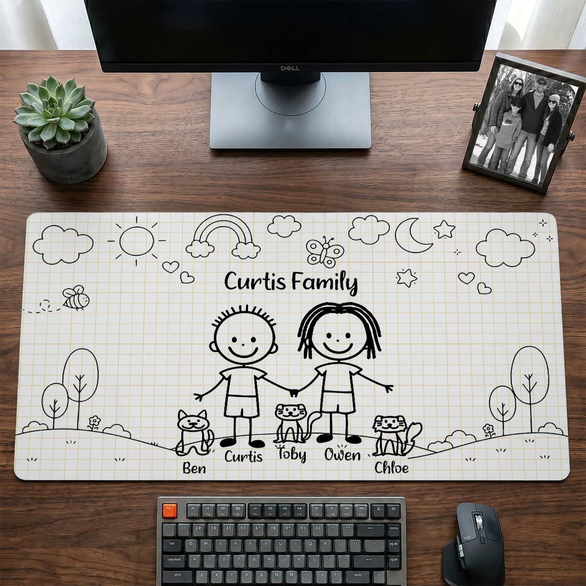 Doodle Stick Figure Couple With Dog Cat - Personalized Desk Mat