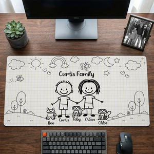 Doodle Stick Figure Couple With Dog Cat - Personalized Desk Mat