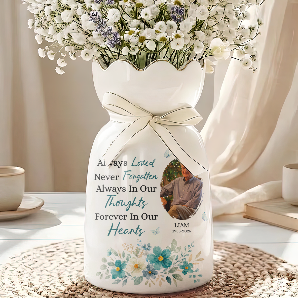 Always In Our Thoughts Forever In Our Hearts - Personalized Custom Ribbon Tie Flower Vase