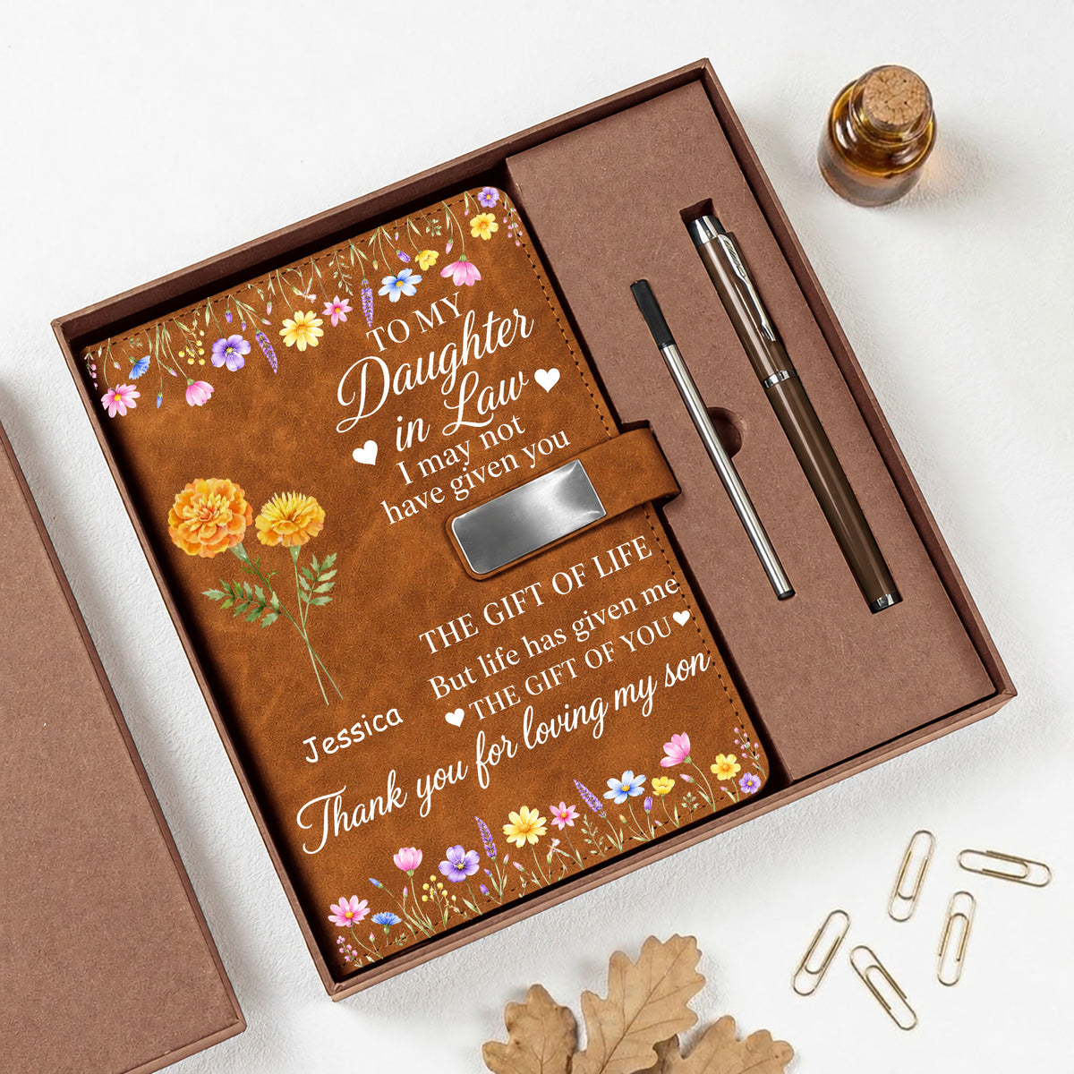 Custom Birth Flower & Name For Her - Personalized Leather Notebook Set