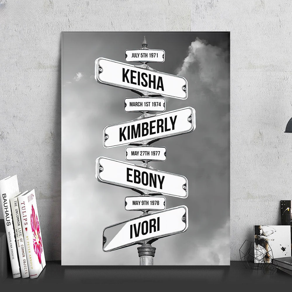 Personalized Family Names Street Sign Date of Birth Canvas, Street Sign Multi-names Canvas Father's Day Gift