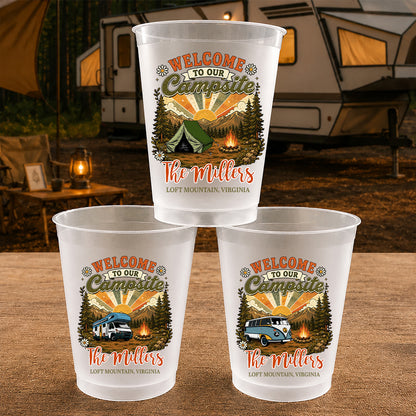 Welcome To Our Campsite Vintage Style - Personalized Plastic Frosted Water Cup - Camping Family Gift, Outdoor Drinking Accessory