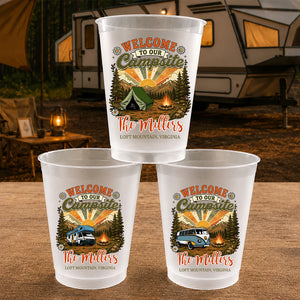 Welcome To Our Campsite Vintage Style - Personalized Plastic Frosted Water Cup - Camping Family Gift, Outdoor Drinking Accessory