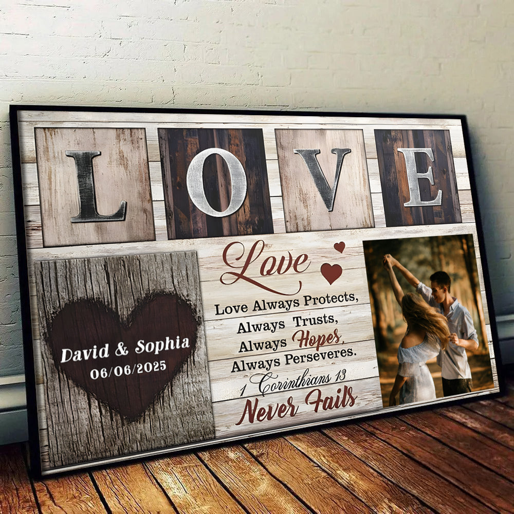 Custom Photo Couple Love Never Fails - Personalized Poster/Canvas Prints - Gift For Her/Him, Husband/Wife, Couples on Anniversary, Valentine's Day