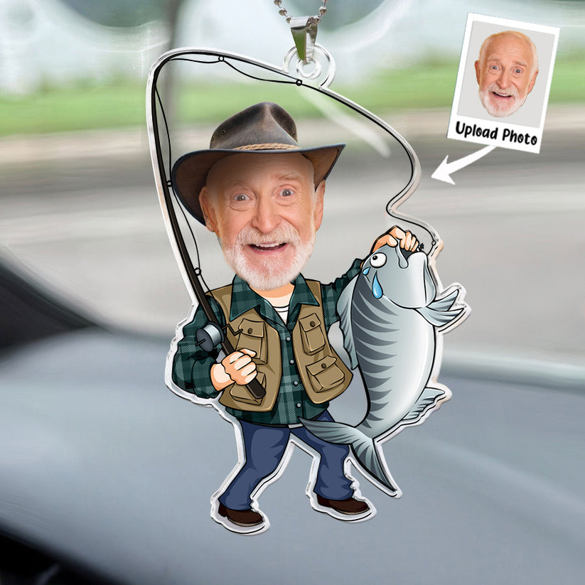 Custom Photo Fisherman Cartoon - Gift For Dad, Grandpa, Fishing Lovers - Personalized Car Hanging Ornament