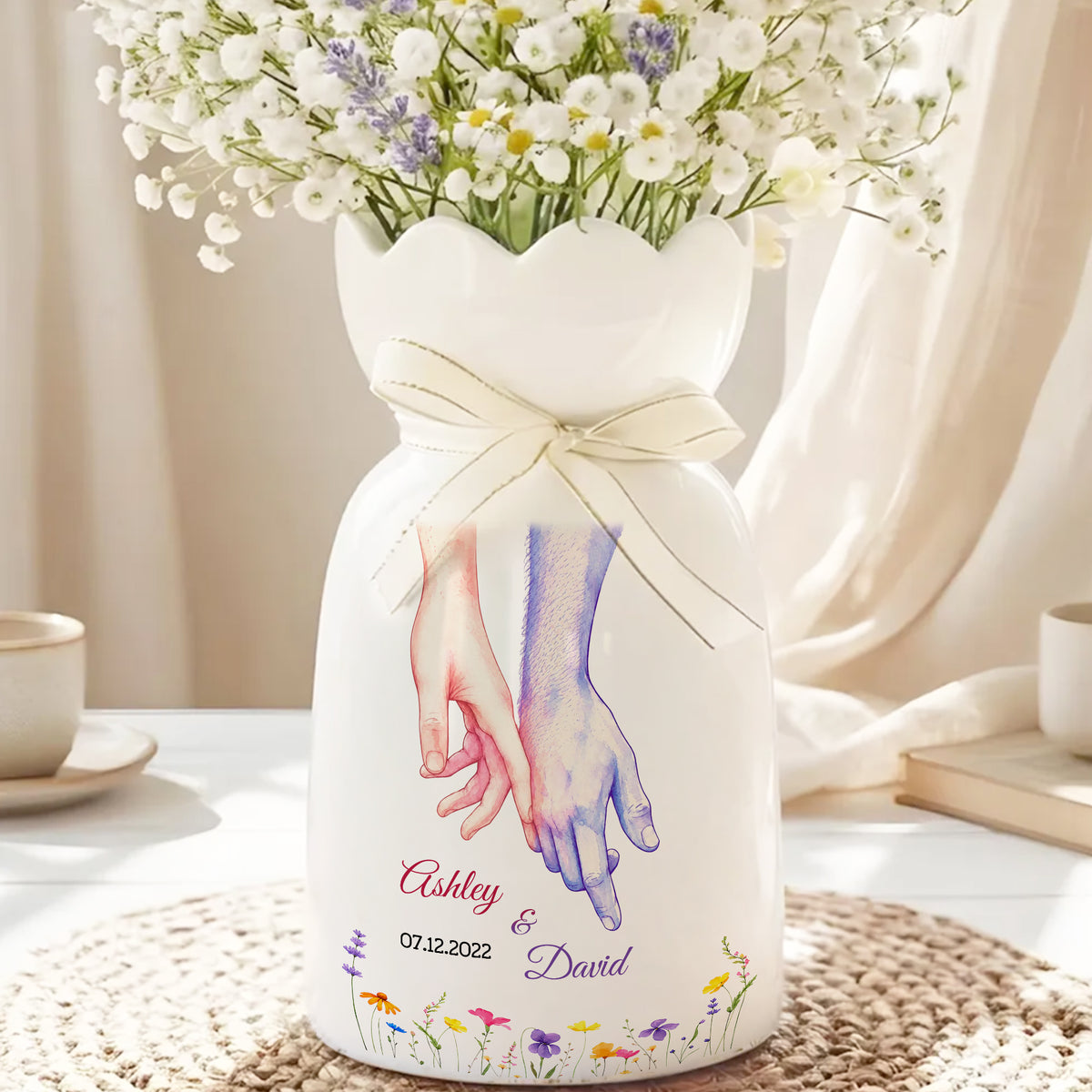 Couple Hands Art - Personalized Custom Ribbon Tie Flower Vase