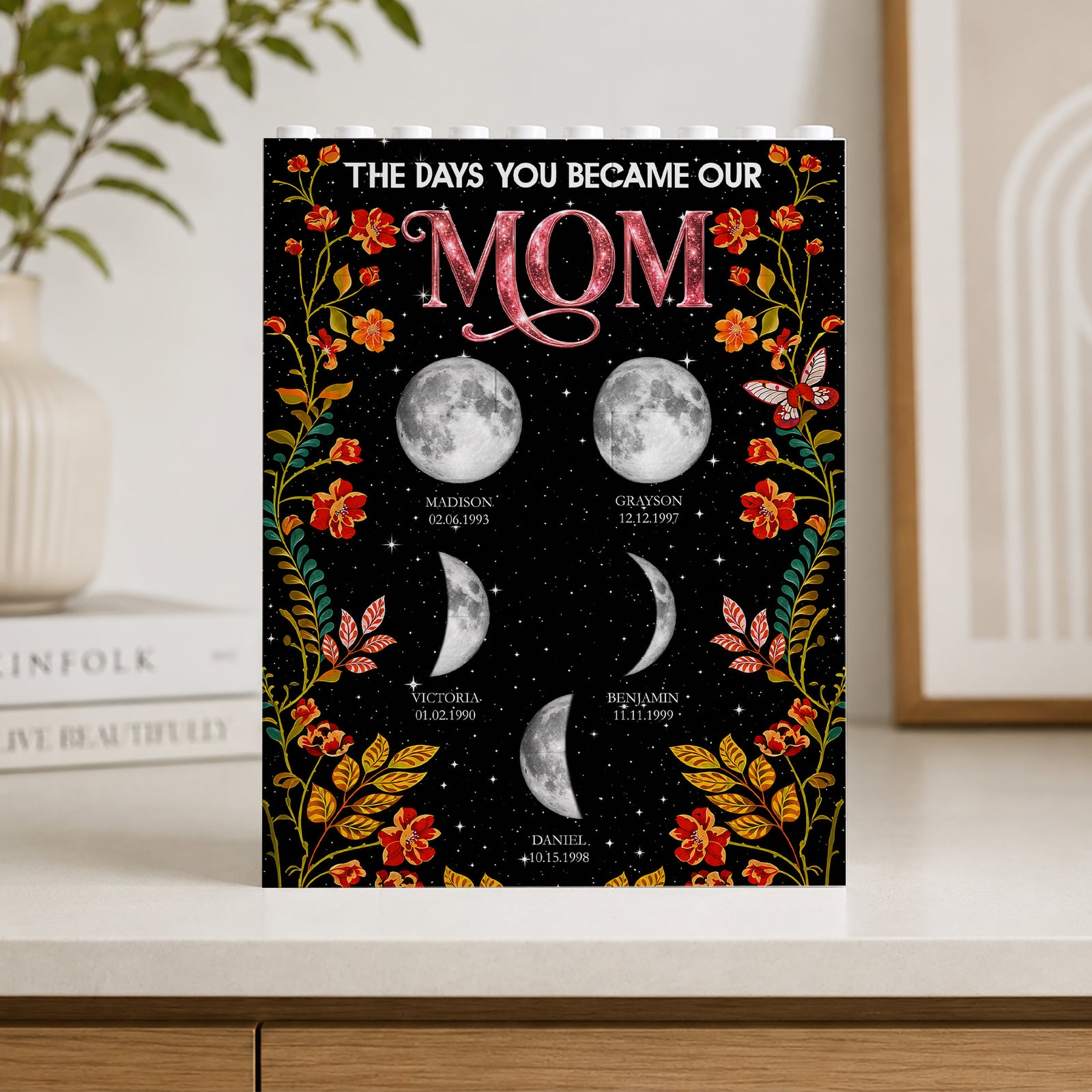 Floral Theme The Day You Became Mom Grandma Custom Birth Moon Phase - Personalized Shaped Building Brick Blocks