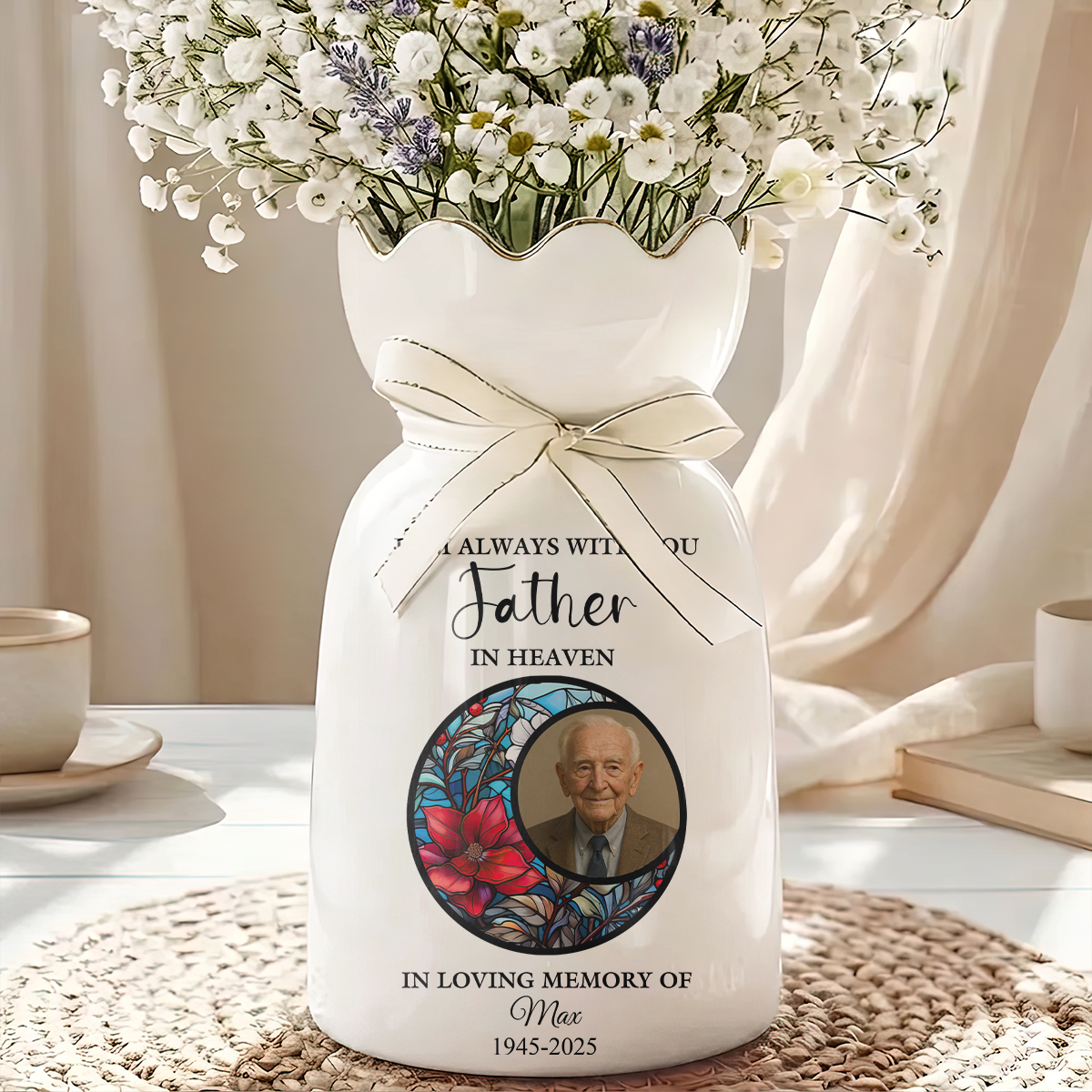 Loved One In Heaven Memorial Gift - Personalized Ribbon Tie Flower Vase