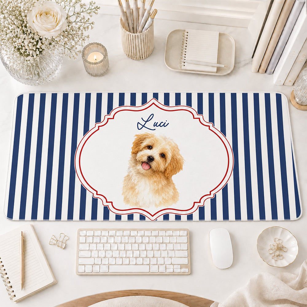 Custom Photo Realistic Watercolor Art Dog Cat Portrait Vintage For Pet Lovers - Personalized Leather Desk Mat