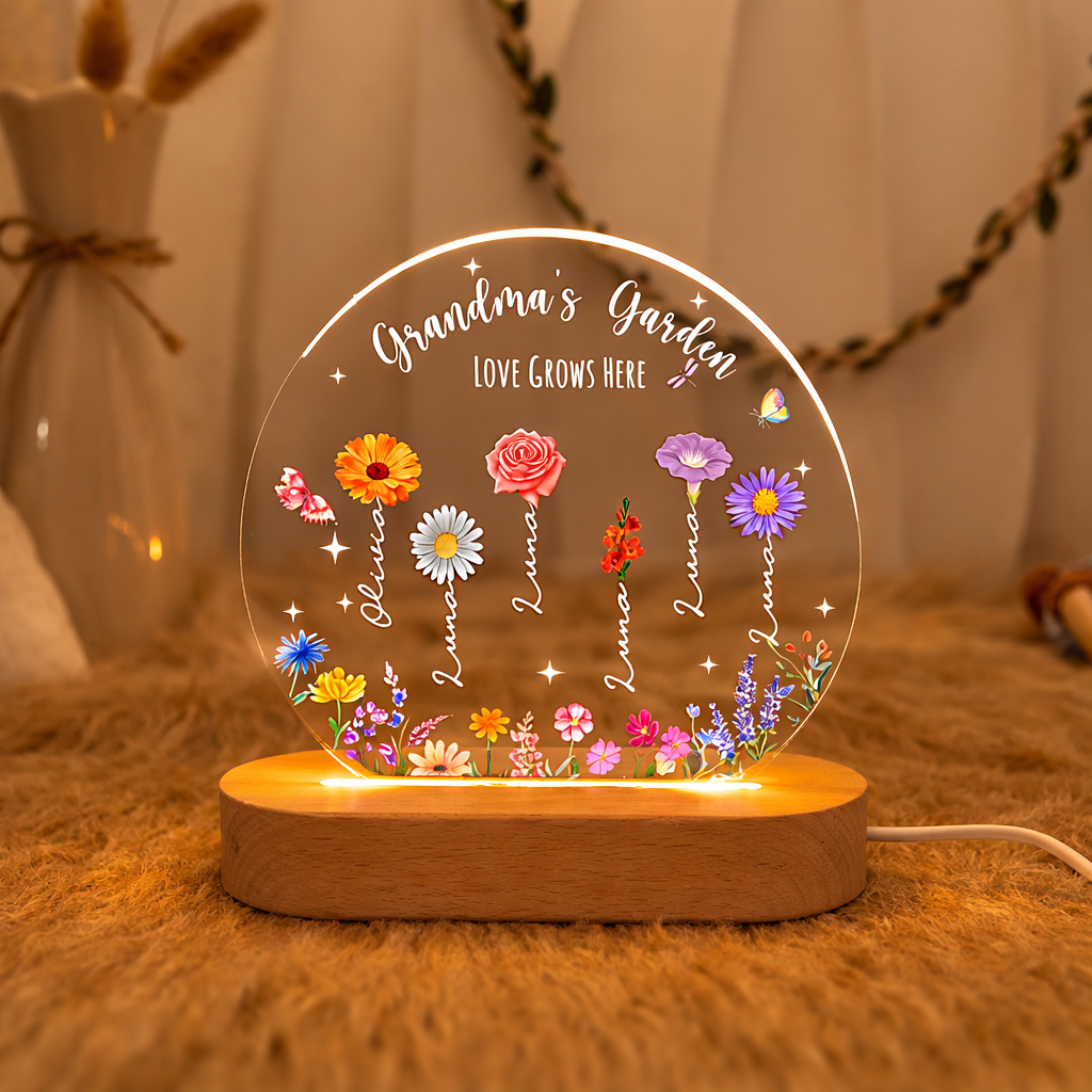Personalised Grandma's Garden Night Light, Birth Flower Acrylic Plaque With Stand, Grandma Gift With Grandkids Name, Mother's Day Gift For Nana