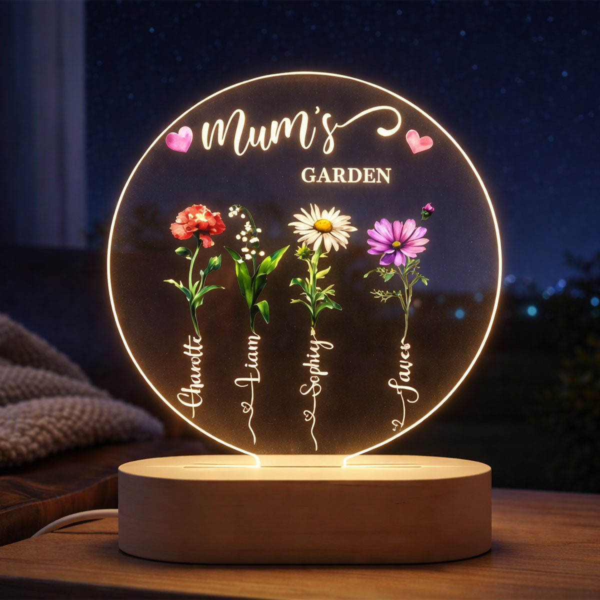 Mom's Garden Birth Flower Led Acrylic Night Light, Personalized Names Plaque, Mother's Day Gift, Mom Bedside Lamp, Custom Family Floral Decor