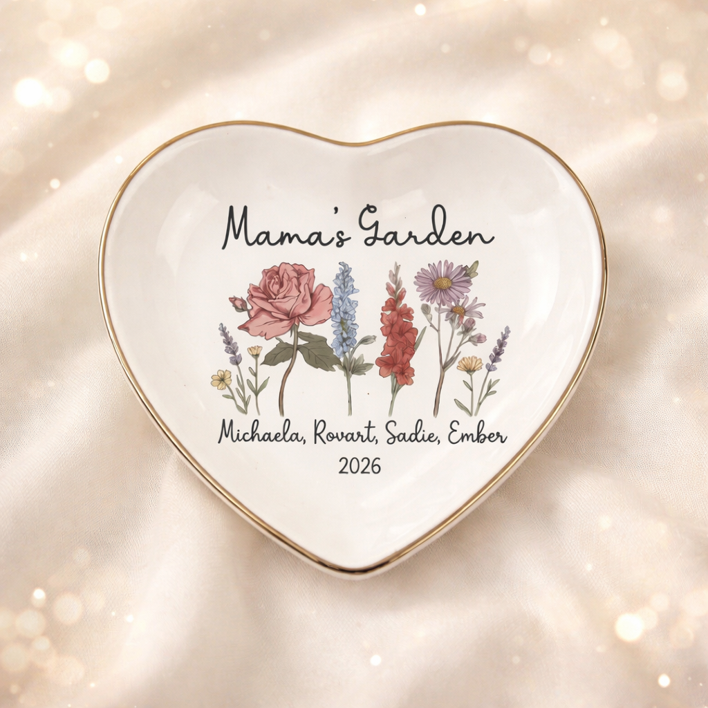 Personalized Mama's Garden Birth Flower Ring Dish, Custom Mom Jewelry Dish with Kids Names, Floral Trinket Dish, Mother's Day Gift For Mom