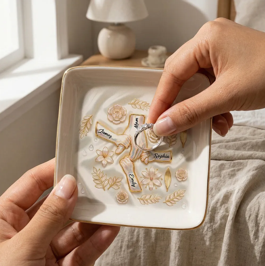 Kids Holding Mom Grandma Hand 2D Printed - Personalized Jewelry Dish
