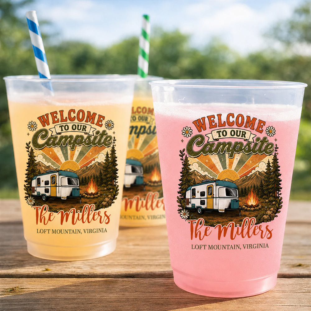 Welcome To Our Campsite Vintage Style - Personalized Plastic Frosted Water Cup - Camping Family Gift, Outdoor Drinking Accessory