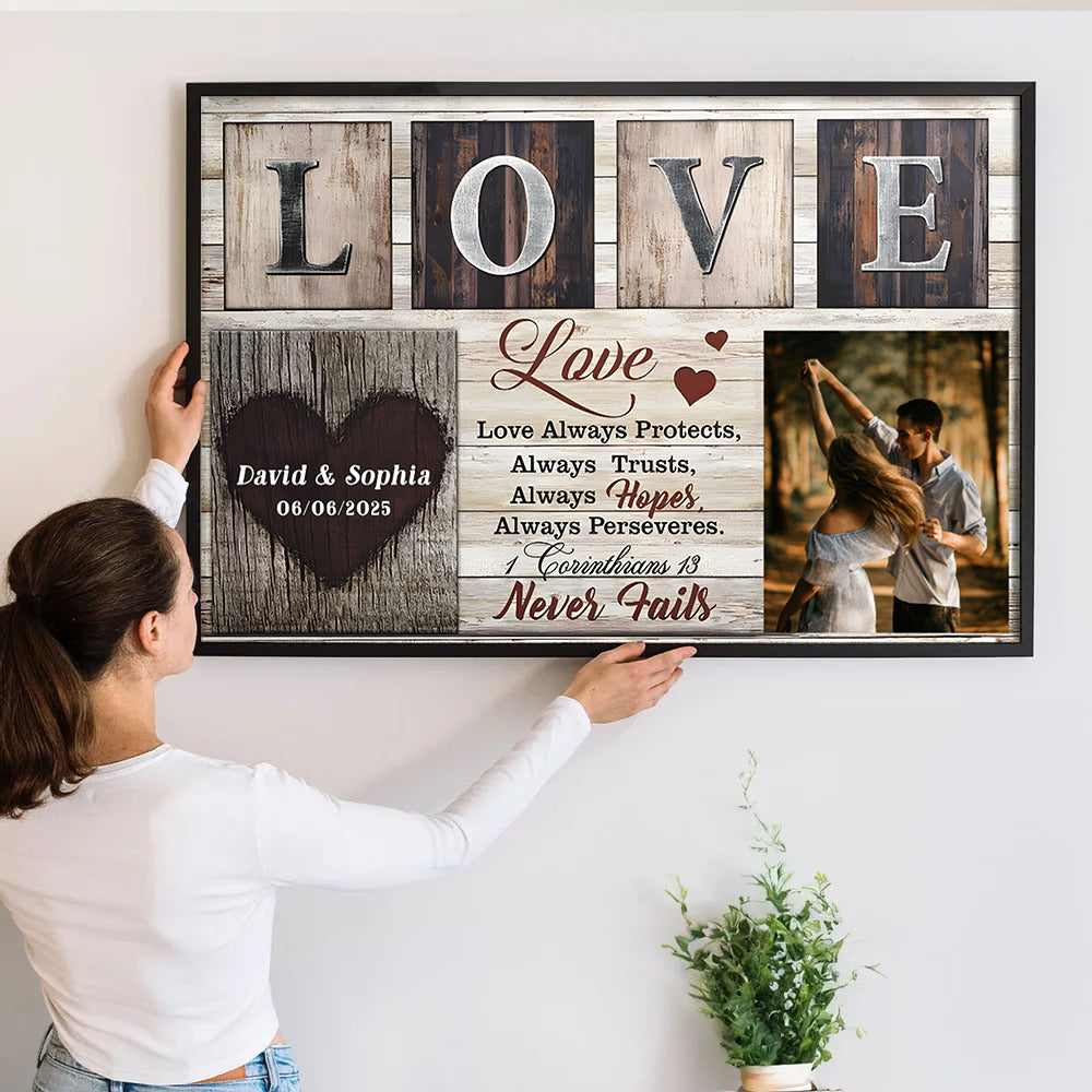 Custom Photo Couple Love Never Fails - Personalized Poster/Canvas Prints - Gift For Her/Him, Husband/Wife, Couples on Anniversary, Valentine's Day