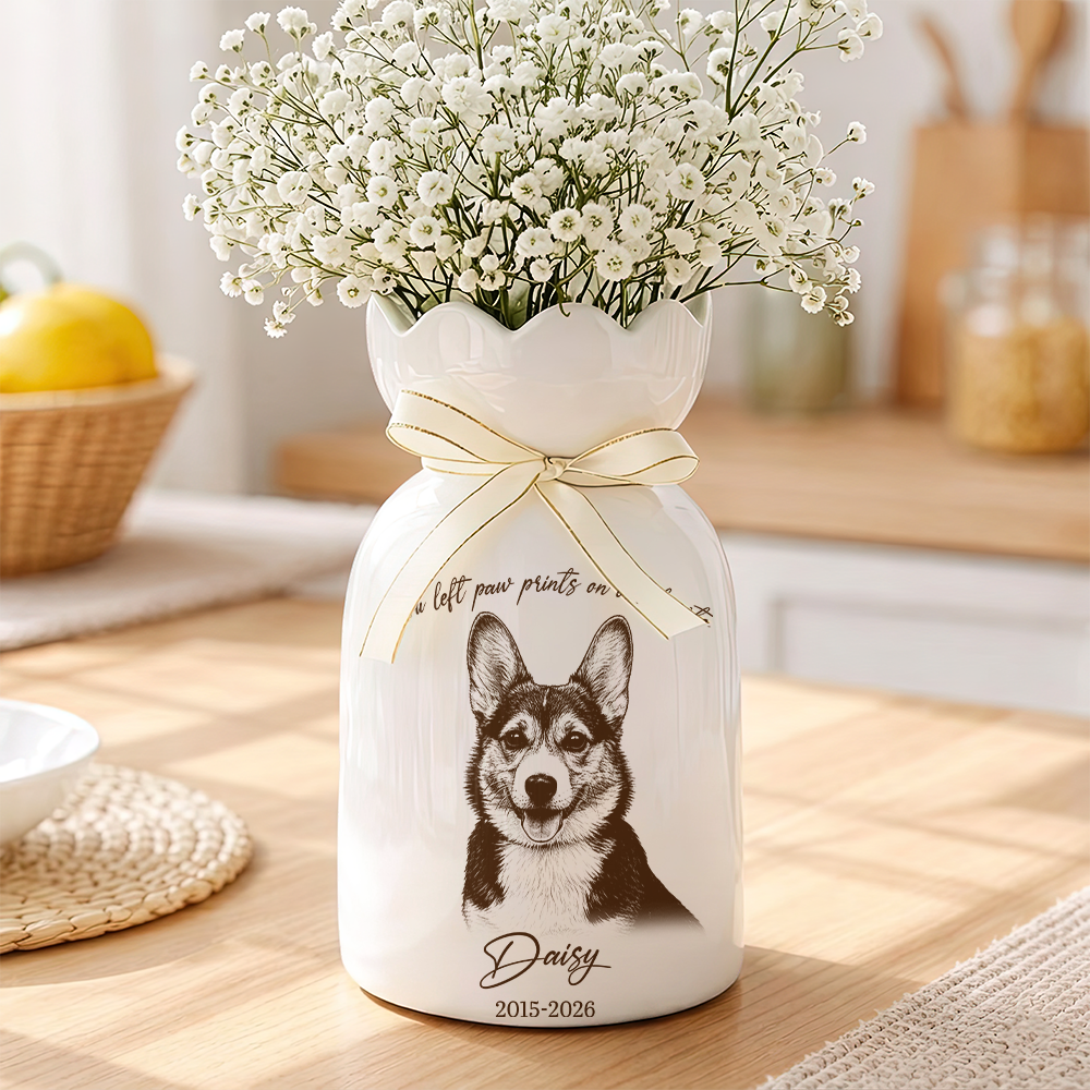 Custom Photo Pencil Sketch Memorial Family Dog Cat Portrait - Personalized Custom Ribbon Tie Flower Vase