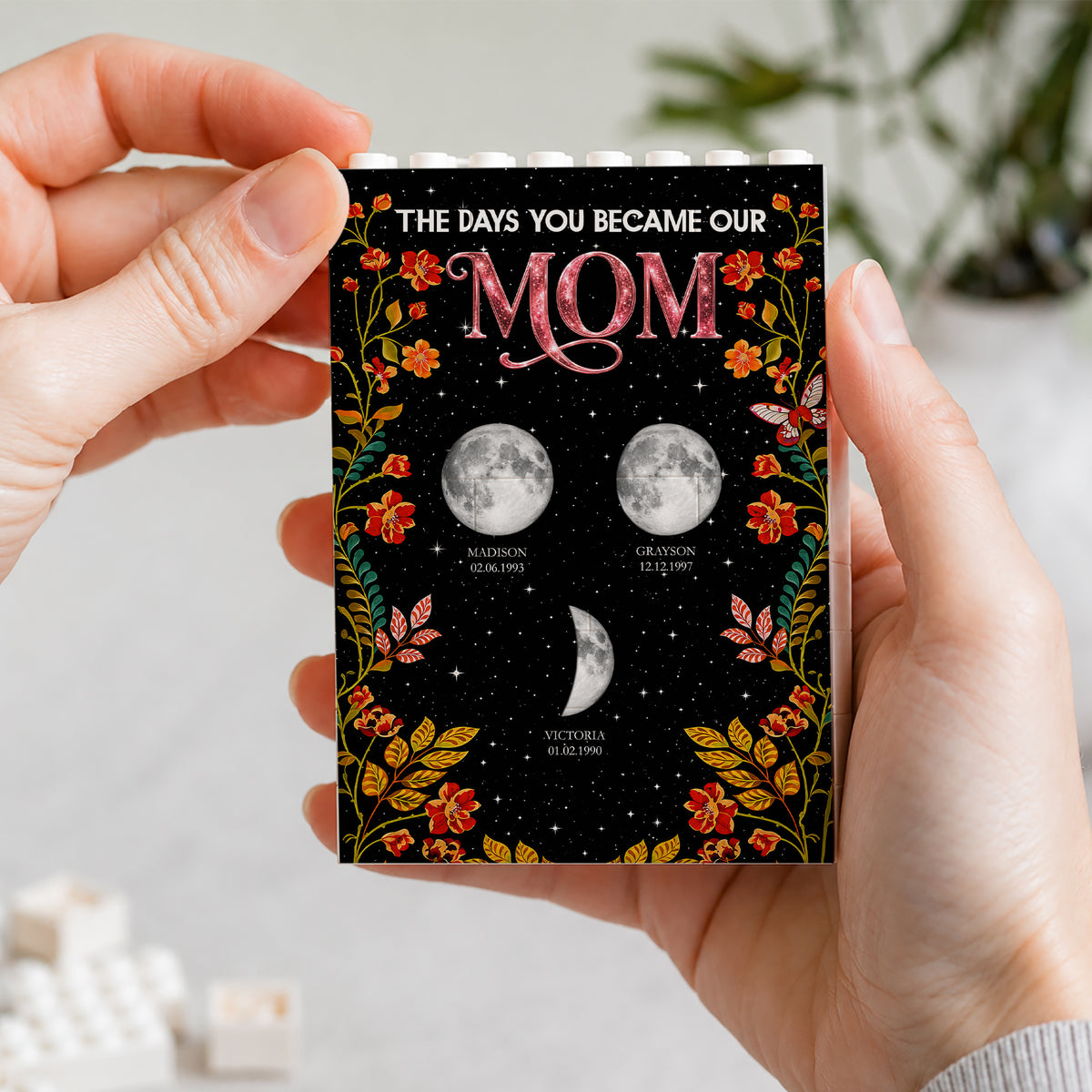 Floral Theme The Day You Became Mom Grandma Custom Birth Moon Phase - Personalized Shaped Building Brick Blocks