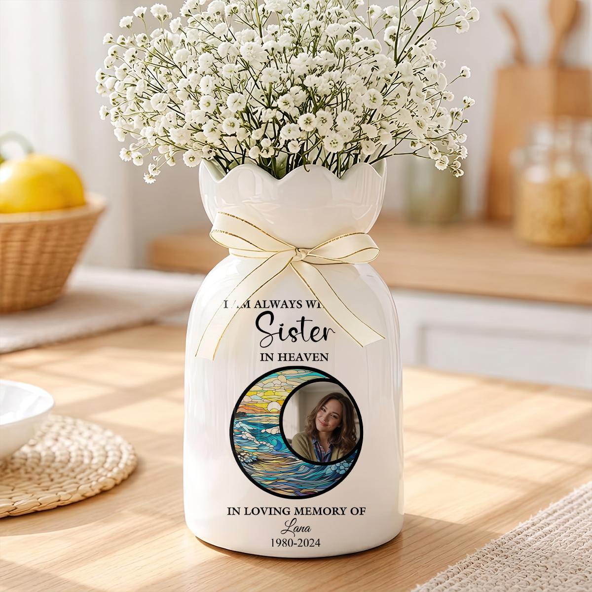 Loved One In Heaven Memorial Gift - Personalized Ribbon Tie Flower Vase