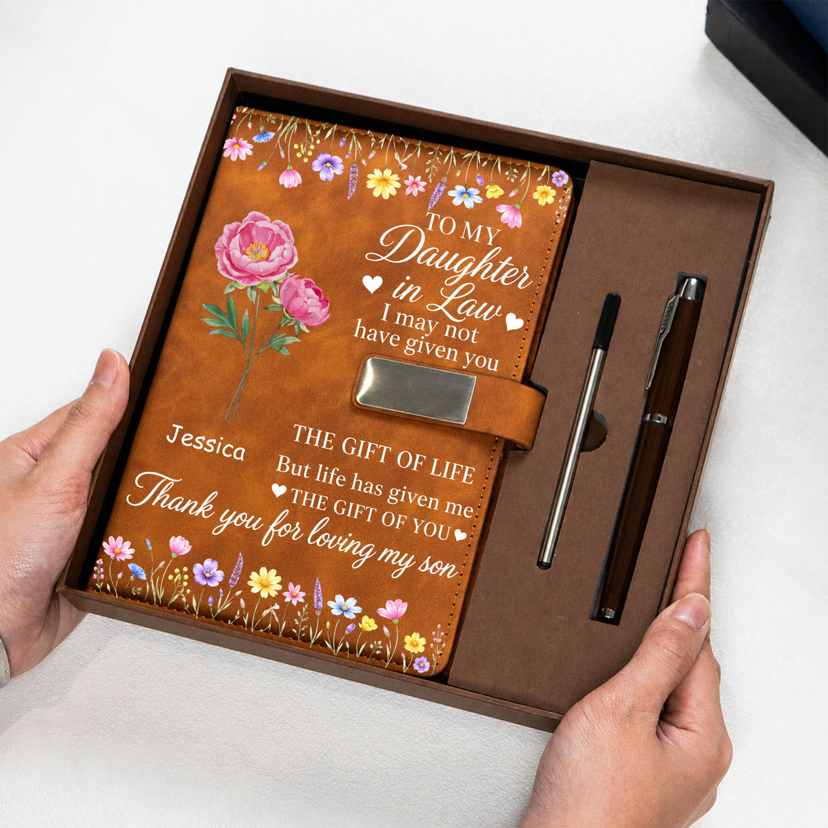 Custom Birth Flower & Name For Her - Personalized Leather Notebook Set
